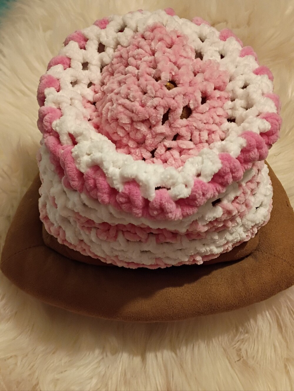 Chénille Handmade Pink & White Crochet Womans Beanie - Woman's Accessories